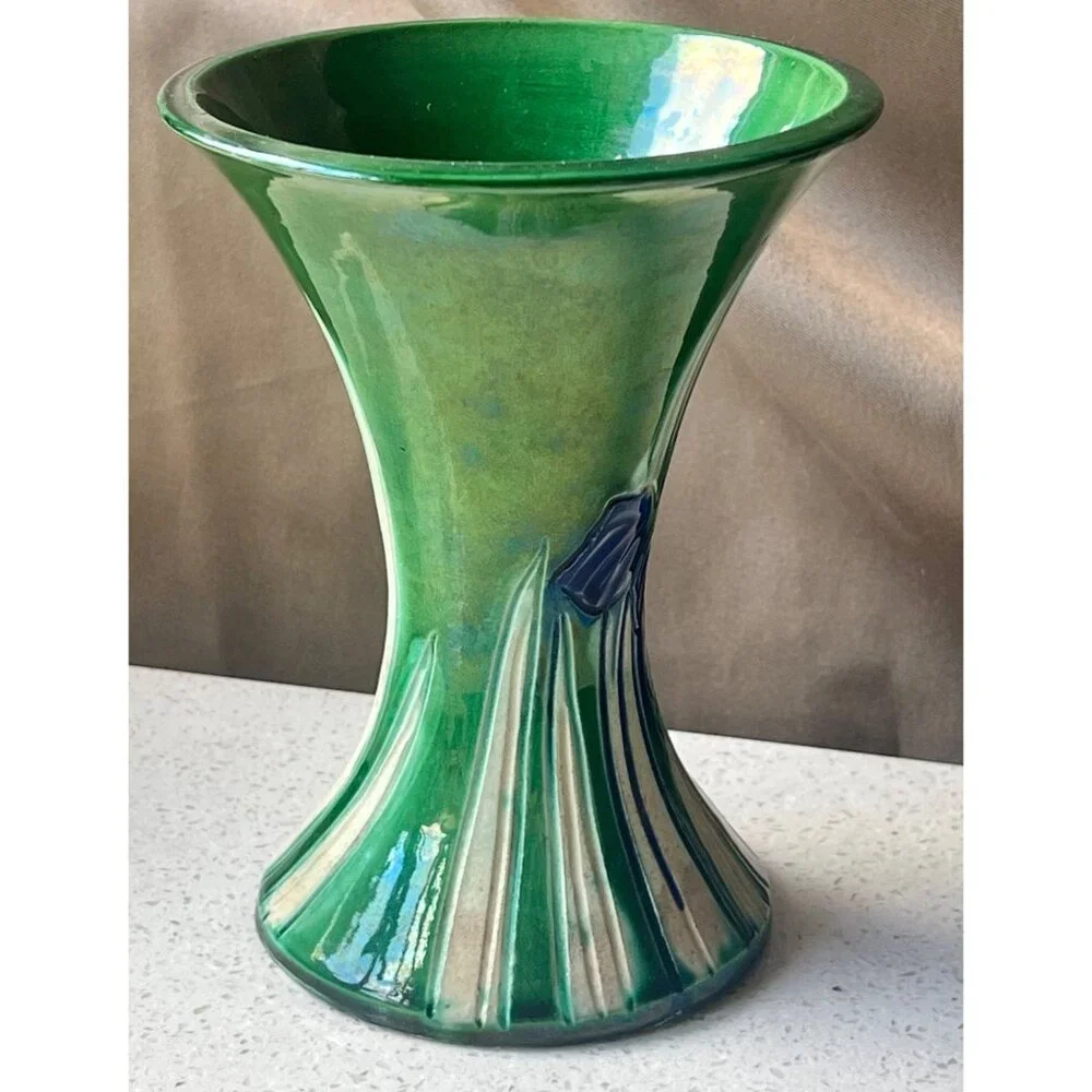Awaji Green Ceramic Vase With Blue Iris Motif 6